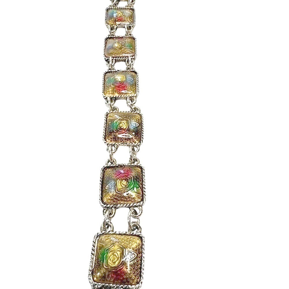 Vintage Floral Panel Link Bracelet Enamel Rose Gold Tone Boho Jewelry - Picture 6 of 10